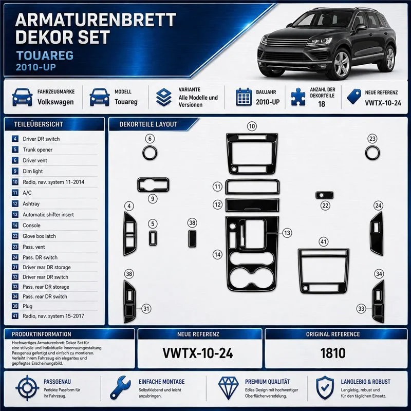 Volkswagen Touareg II 2010-2018 kit rivestimento cruscotto e interni 3D 11 pezzi