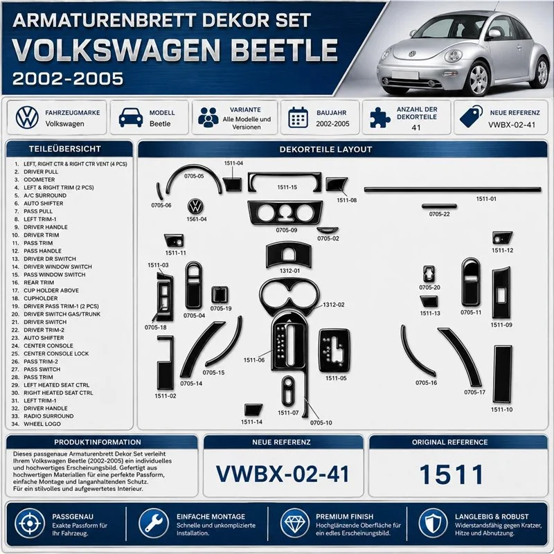 Volkswagen Beetle 2002-2005 kit rivestimento cruscotto e interni 3D 41 pezzi