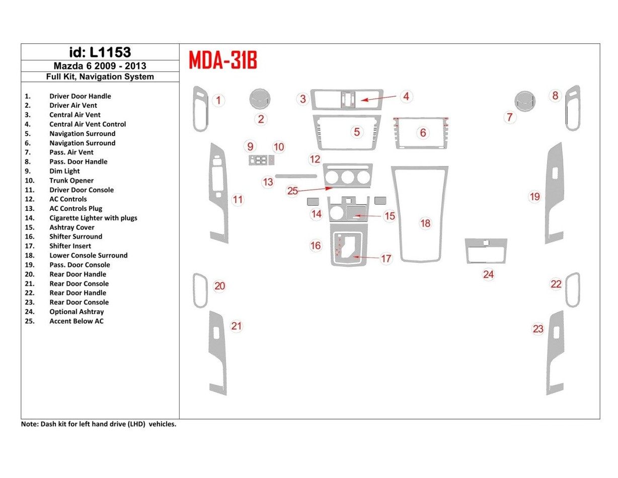 Mazda Mazda6 2009-UP Full Set, With NAVI system Cruscotto BD Rivestimenti interni