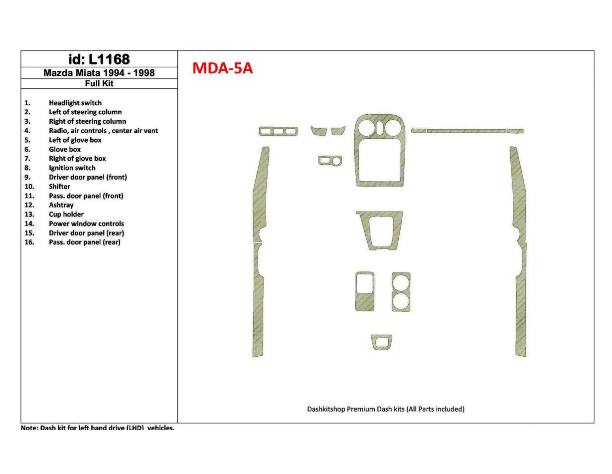 Mazda Miata 1994-1998 Full Set, 16 Parts set Cruscotto BD Rivestimenti interni