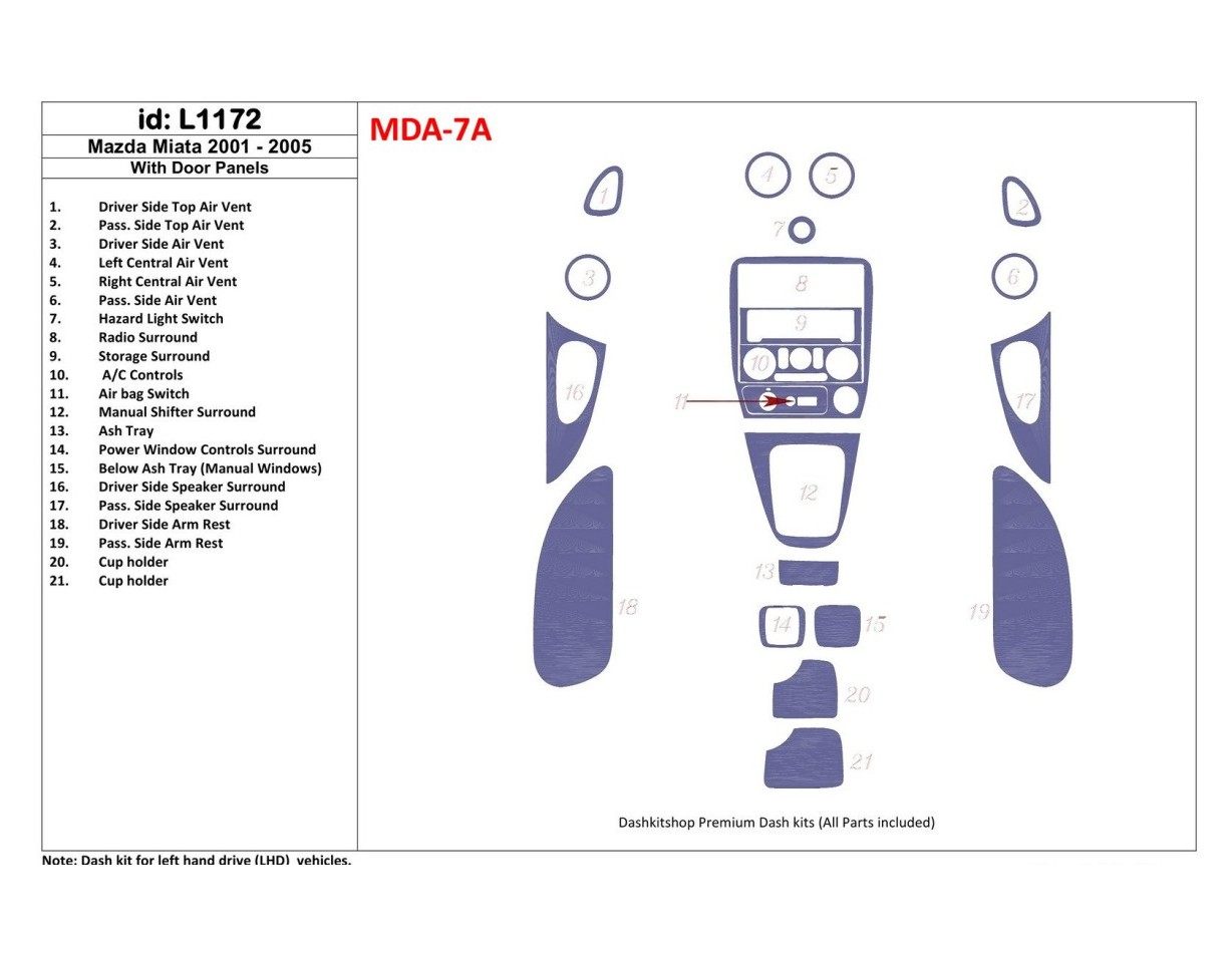 Mazda Miata 2001-2005 With Door panels, 21 Parts set Cruscotto BD Rivestimenti interni