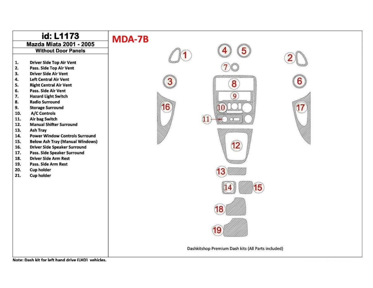 Mazda Miata 2001-2005 Without Door panels, 19 Parts set Cruscotto BD Rivestimenti interni