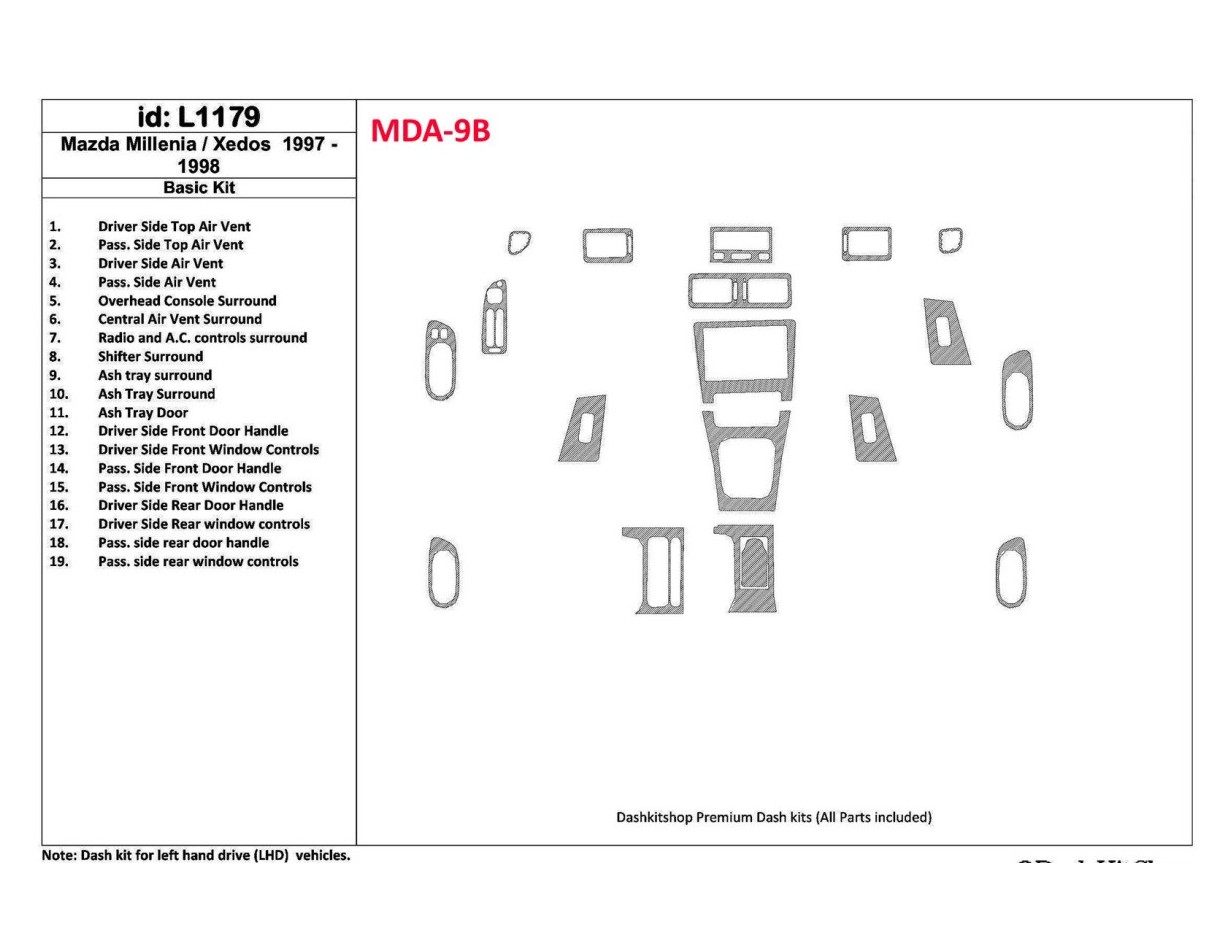 Mazda Milenia 1997-1998 Basic Set, Without OEM, 19 Parts set Cruscotto BD Rivestimenti interni