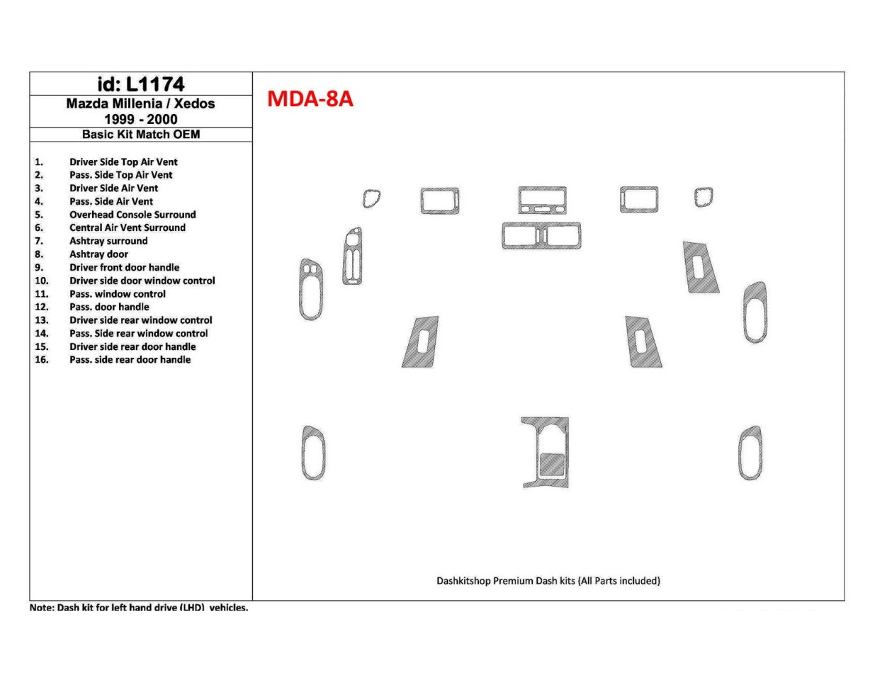 Mazda Milenia 1999-2000 Basic Set, OEM Compliance, 16 Parts set Cruscotto BD Rivestimenti interni