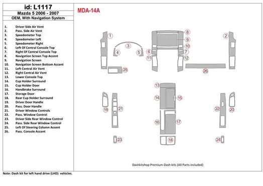 Mazda RX-7 1993-1995 Full Set, 5 Parts set Cruscotto BD Rivestimenti interni