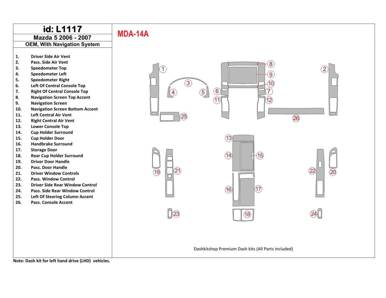 Mazda RX-7 1993-1995 Full Set, 5 Parts set Cruscotto BD Rivestimenti interni