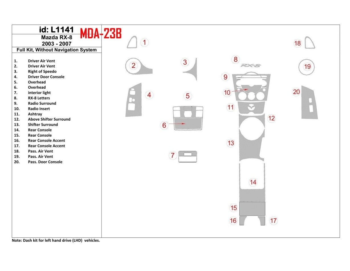 Mazda RX-8 2003-2007 Full Set, Without NAVI system Cruscotto BD Rivestimenti interni