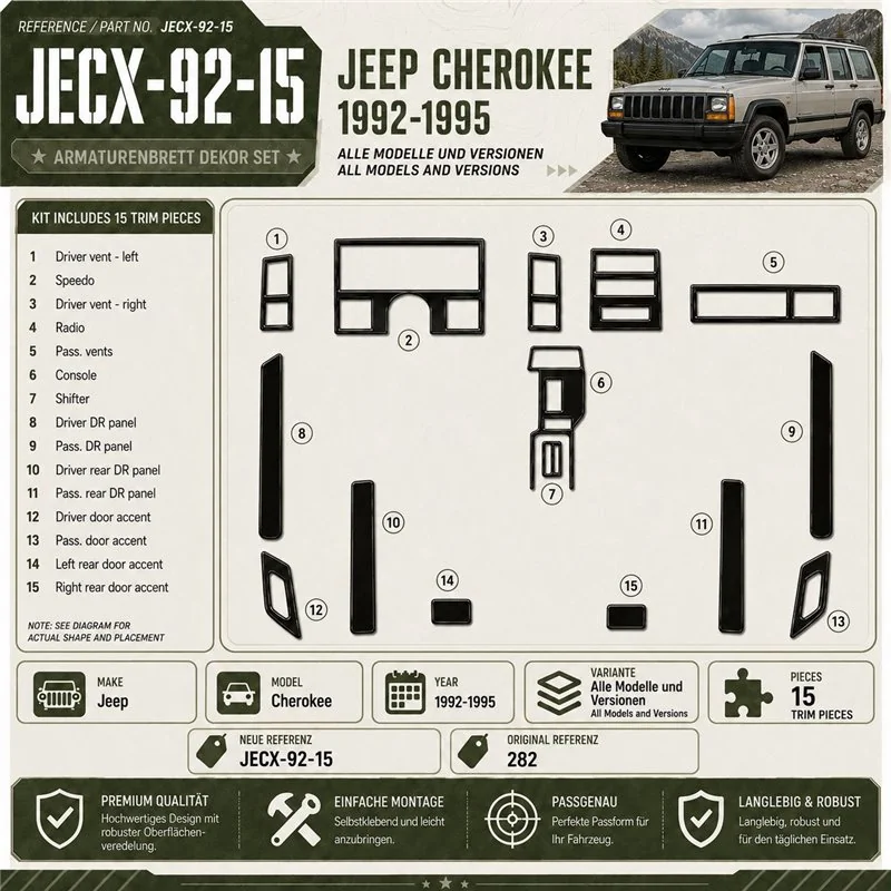 Jeep Cherokee 1992-1995 kit rivestimento cruscotto e interni 3D 15 pezzi
