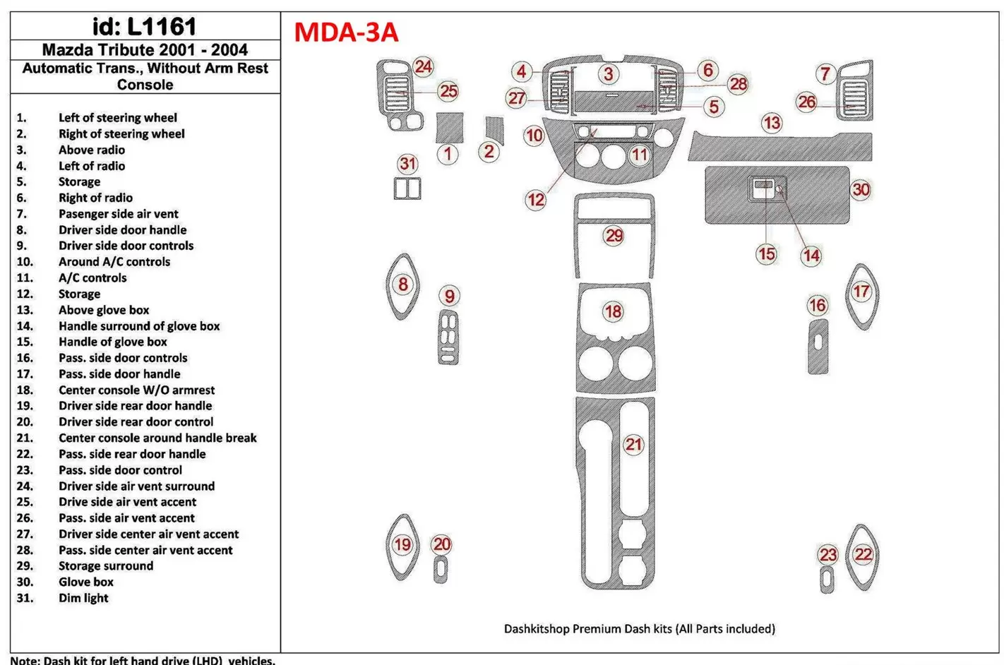 Mazda Tribute 2001-2004 Automatic Gearbox , Without Armrest Console Cruscotto BD Rivestimenti interni