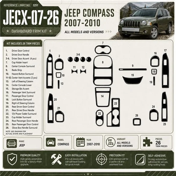 Jeep Compass 2007-2010 kit rivestimento cruscotto e interni 3D 26 pezzi