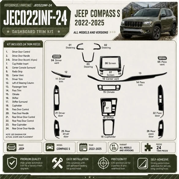 Jeep Compass S 2022-2025 kit rivestimento cruscotto e interni 3D 24 pezzi
