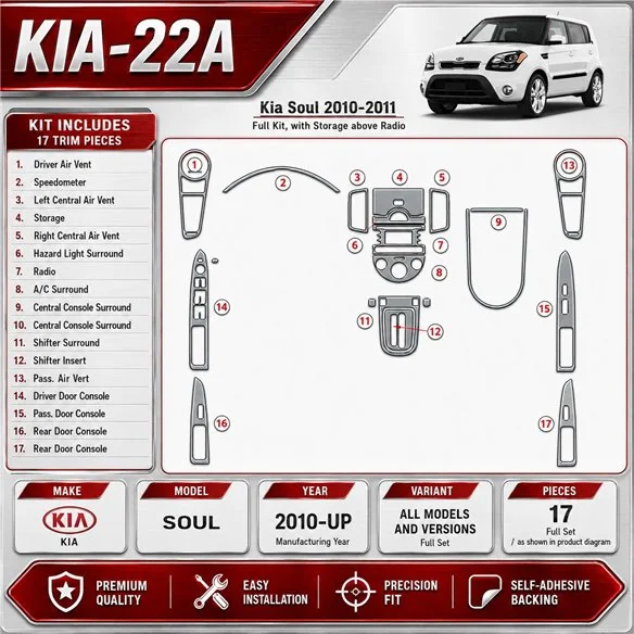 Kia Soul 2010-in poi set completo; con Storage above Radio kit rivestimento cruscotto e interni 3D