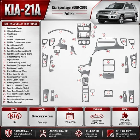 Kia Sportage 2009-2010 set completo kit rivestimento cruscotto e interni 3D