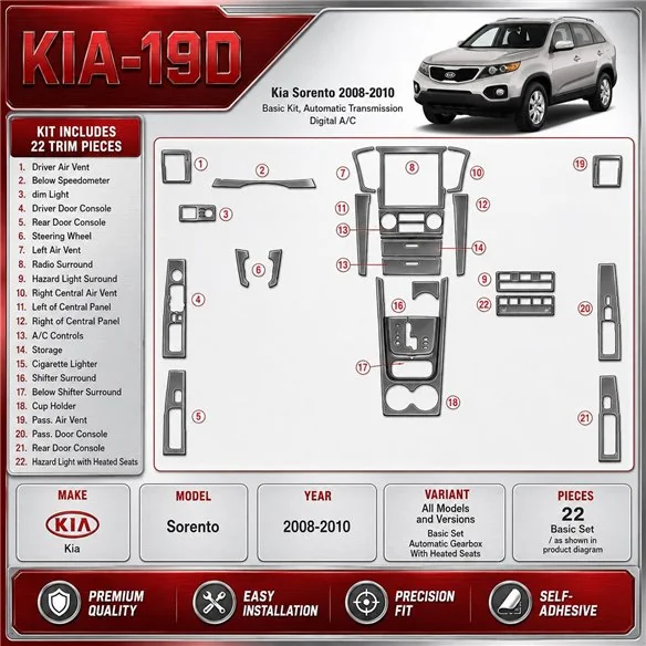 Kia Sorento 2008-2010 Basic Set; cambio automatico,con Heated Seats kit rivestimento cruscotto e interni 3D