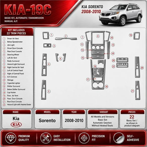 Kia Sorento 2008-2010 Basic Set; cambio automatico; senza Heated Seats kit rivestimento cruscotto e interni 3D