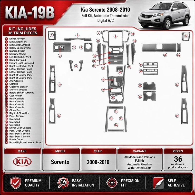 Kia Sorento 2008-2010 Ful Kit; cambio automatico,con Heated Seats kit rivestimento cruscotto e interni 3D