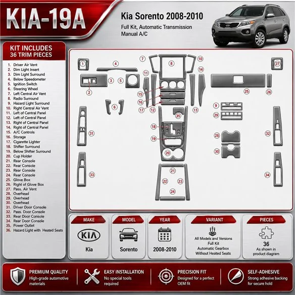 Kia Sorento 2008-2010 Ful Kit; cambio automatico; senza Heated Seats kit rivestimento cruscotto e interni 3D