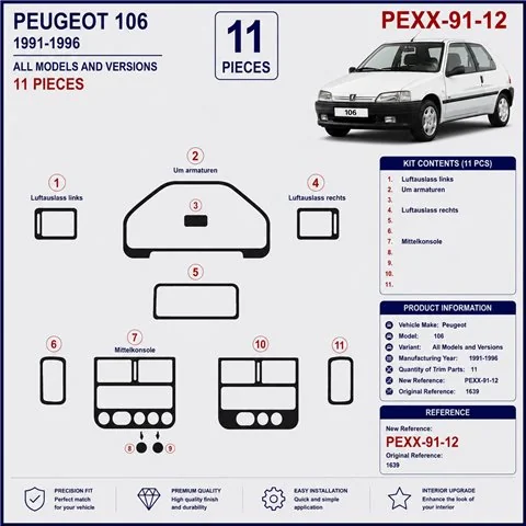 Peugeot 106 1991-1996 kit cruscotto 3D, 12 pezzi 2