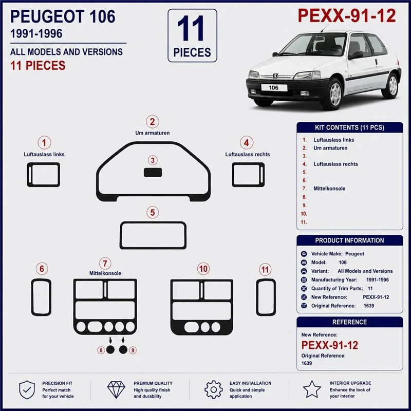 Peugeot 106 1991-1996 kit cruscotto 3D, 12 pezzi