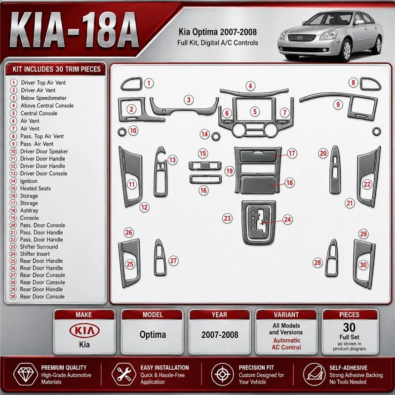 Kia Optima 2007-2008 set completo; Automatic comandi climatizzatore kit rivestimento cruscotto e interni 3D