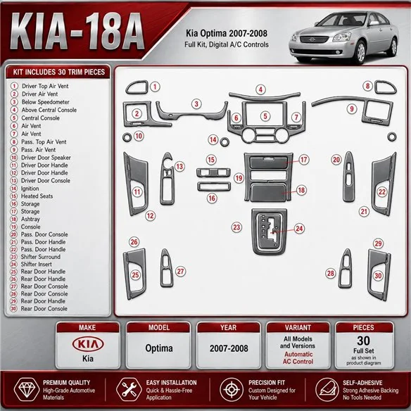 Kia Optima 2007-2008 set completo; Automatic comandi climatizzatore kit rivestimento cruscotto e interni 3D