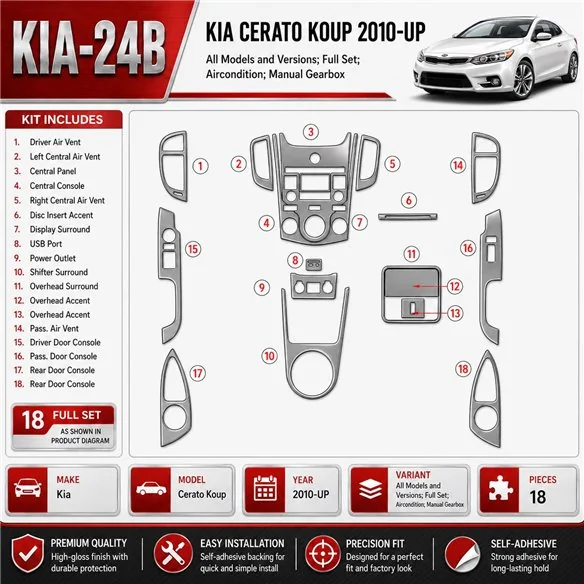 Kia Cerato Koup 2010-in poi set completo; climatizzatore; cambio manuale kit rivestimento cruscotto e interni 3D