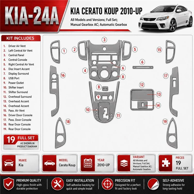 Kia Cerato Koup 2010-in poi set completo; cambio manuale AC; cambio automatico kit rivestimento cruscotto e interni 3D