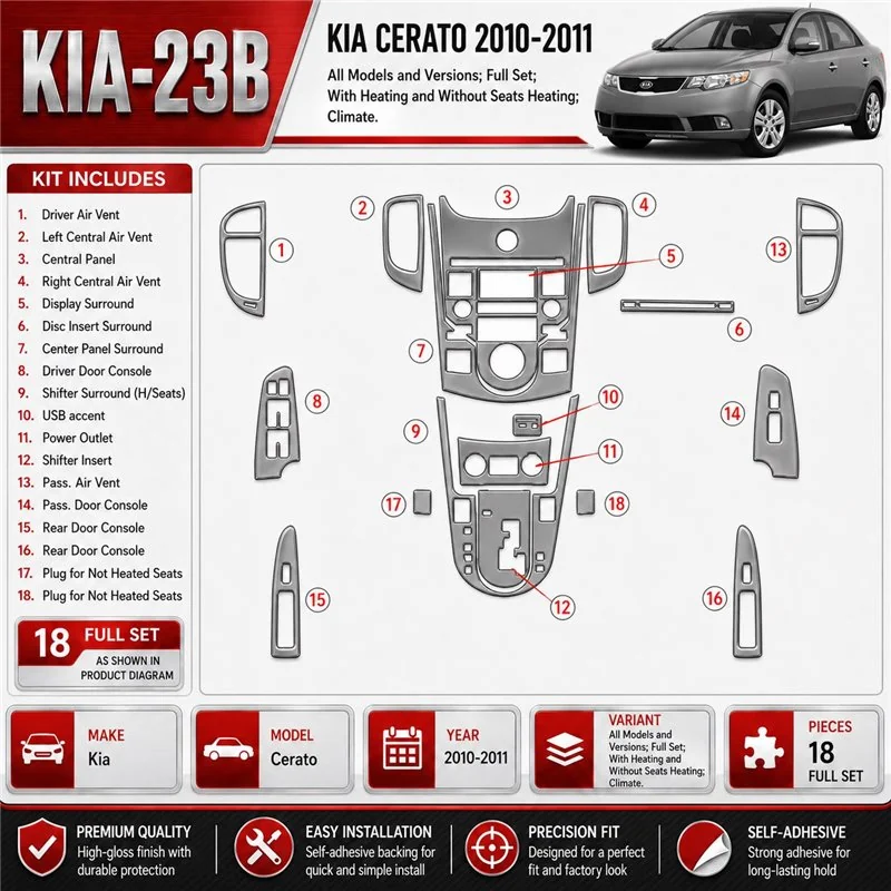 Kia Cerato 2010-2011 set completo; con Heating and senza Seats Heating; Climate kit rivestimento cruscotto e interni 3D