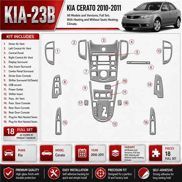 Kia Cerato 2010-2011 set completo; con Heating and senza Seats Heating; Climate kit rivestimento cruscotto e interni 3D