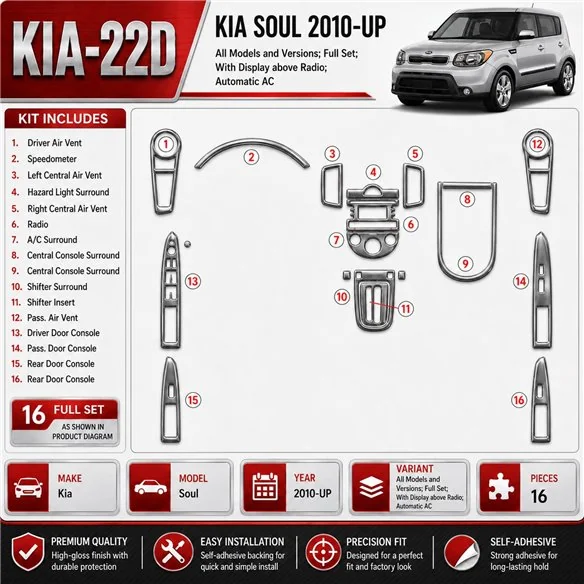 Kia Soul 2010-in poi set completo; con Display above Radio; Automatic AC kit rivestimento cruscotto e interni 3D