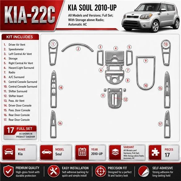 Kia Soul 2010-in poi set completo; con Storage above Radio; Automatic AC kit rivestimento cruscotto e interni 3D
