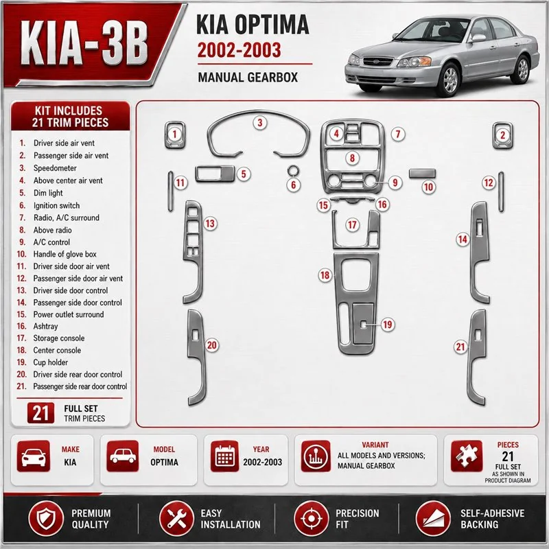 Kia Optima 2002-2003 cambio manuale kit rivestimento cruscotto e interni 3D