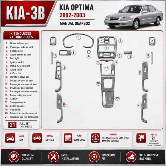 Kia Optima 2002-2003 cambio manuale kit rivestimento cruscotto e interni 3D