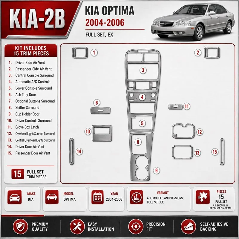 Kia Optima 2004-2006 set completo; EX; Years: 2004-2006 1 / 2 kit rivestimento cruscotto e interni 3D