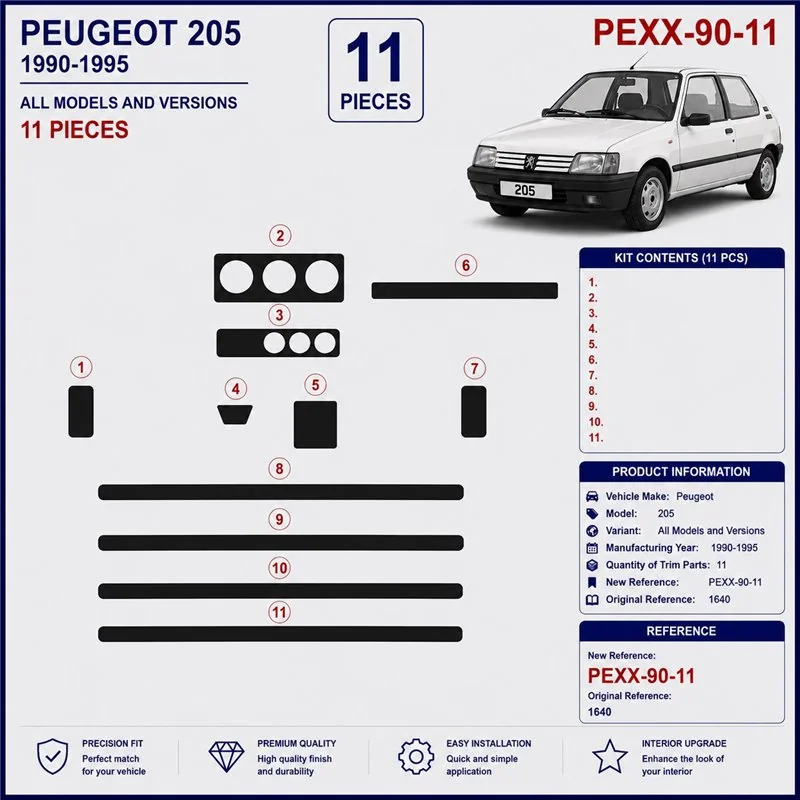 Peugeot 205 1990-1995 kit cruscotto 3D, 11 pezzi