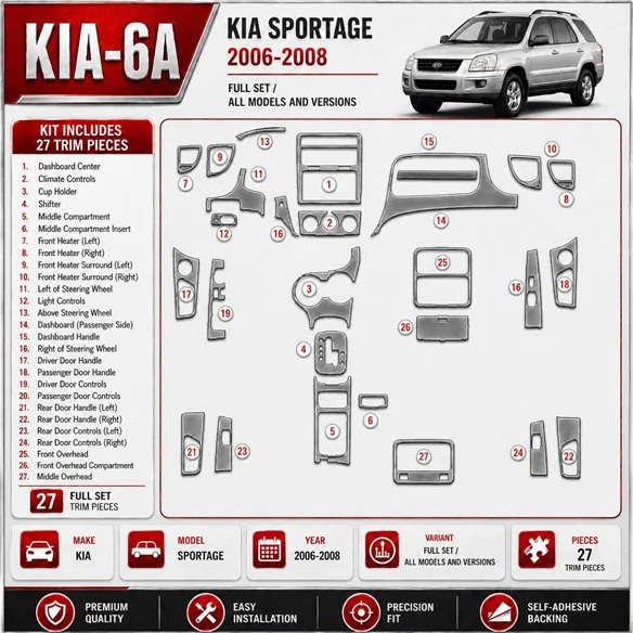 Kia Sportage 2006-2008 set completo kit rivestimento cruscotto e interni 3D