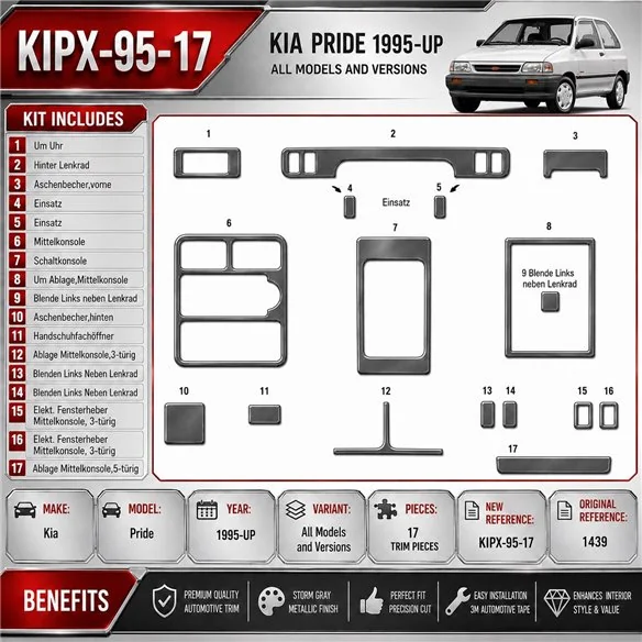 Kia Pride 1995-in poi kit rivestimento cruscotto e interni 3D 17 pezzi