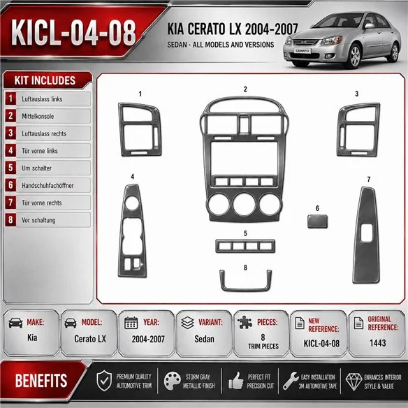 Kia Cerato LX 2004-2007 Sedan kit rivestimento cruscotto e interni 3D 8 pezzi