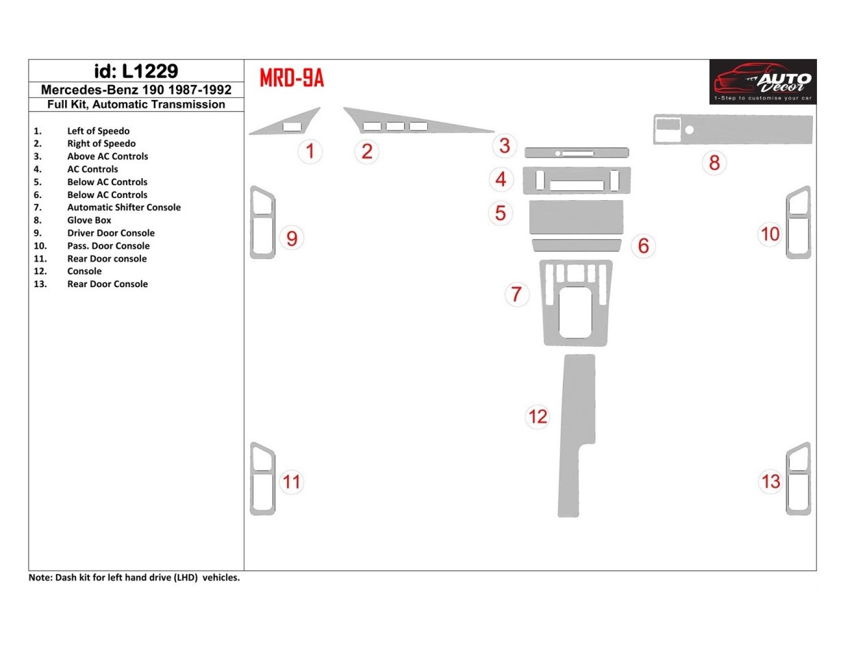 Mercedes Benz 190 1987-1992 Full Set, Automatic Gear Cruscotto BD Rivestimenti interni
