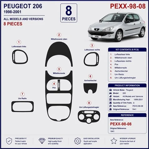 Peugeot 206 1998-2001 kit cruscotto 3D, 8 pezzi 2