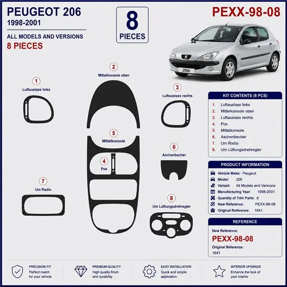 Peugeot 206 1998-2001 kit cruscotto 3D, 8 pezzi