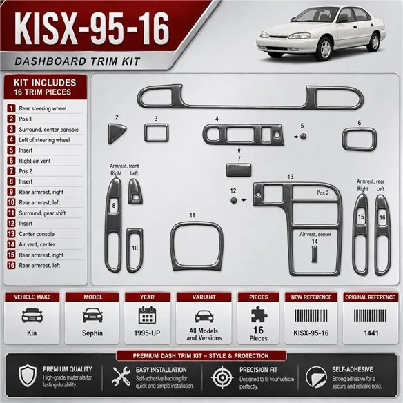 Kia Sephia 1995-in poi kit rivestimento cruscotto e interni 3D 16 pezzi