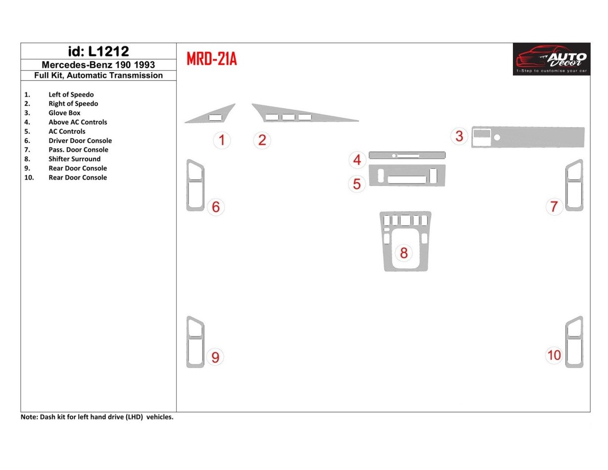 Mercedes Benz 190 1993-1993 Full Set, Manual Gear Box Cruscotto BD Rivestimenti interni