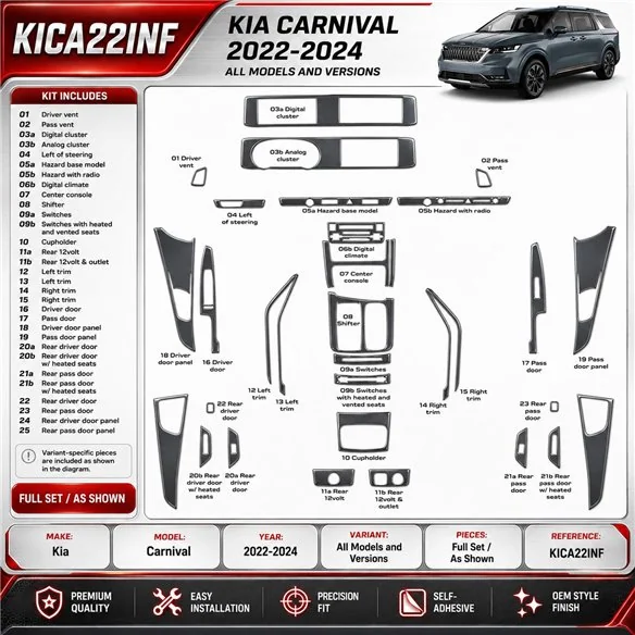 Kia Carnival 2022-2024 set completo kit rivestimento cruscotto e interni 3D