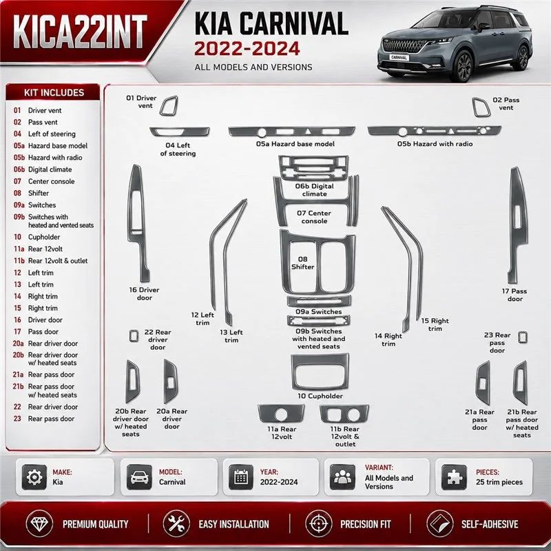 Kia Carnival 2022-2024 kit rivestimento cruscotto e interni 3D