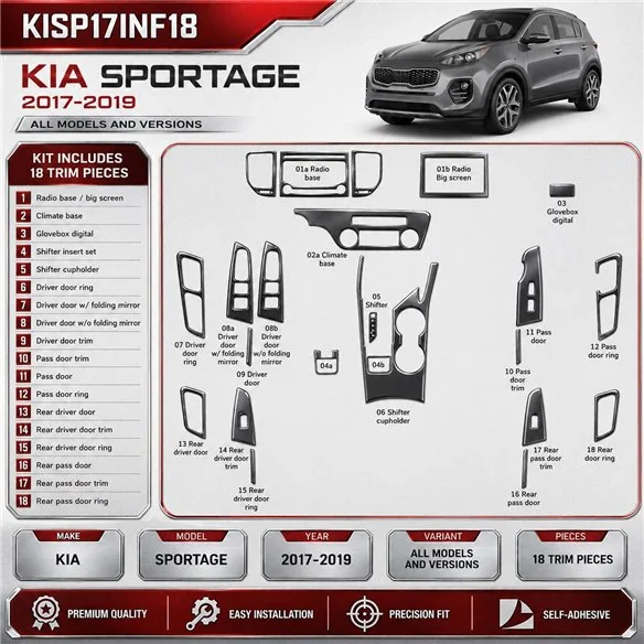 Kia Sportage 2017-2019 kit rivestimento cruscotto e interni 3D 18 pezzi