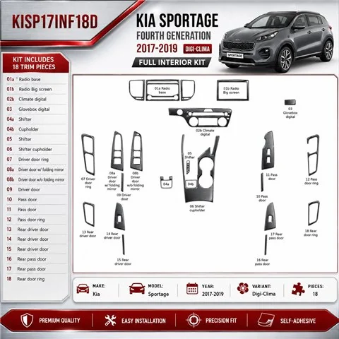 Kia Sportage 2017-2019 Digi-Clima kit rivestimento cruscotto e interni 3D 18 pezzi 2