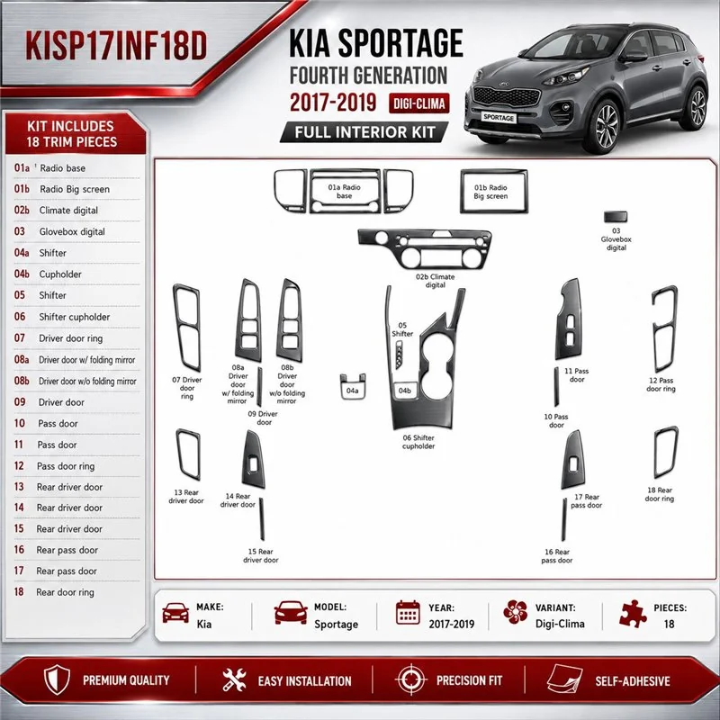 Kia Sportage 2017-2019 Digi-Clima kit rivestimento cruscotto e interni 3D 18 pezzi