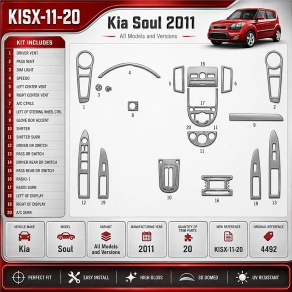 Kia Soul 2011 kit rivestimento cruscotto e interni 3D 20 pezzi