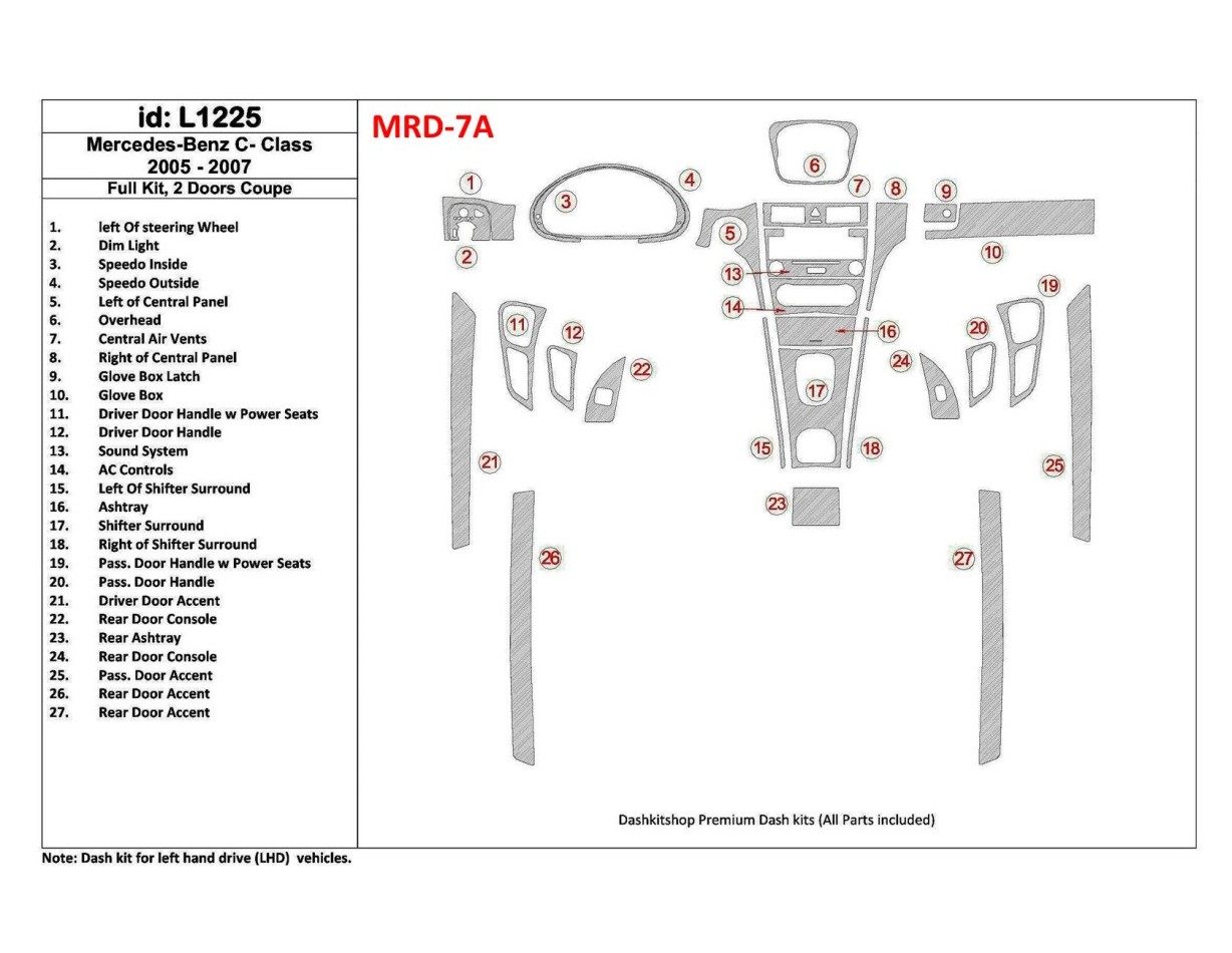 Mercedes Benz C Class 2005-2007 Full Set, 2 Doors Coupe Cruscotto BD Rivestimenti interni